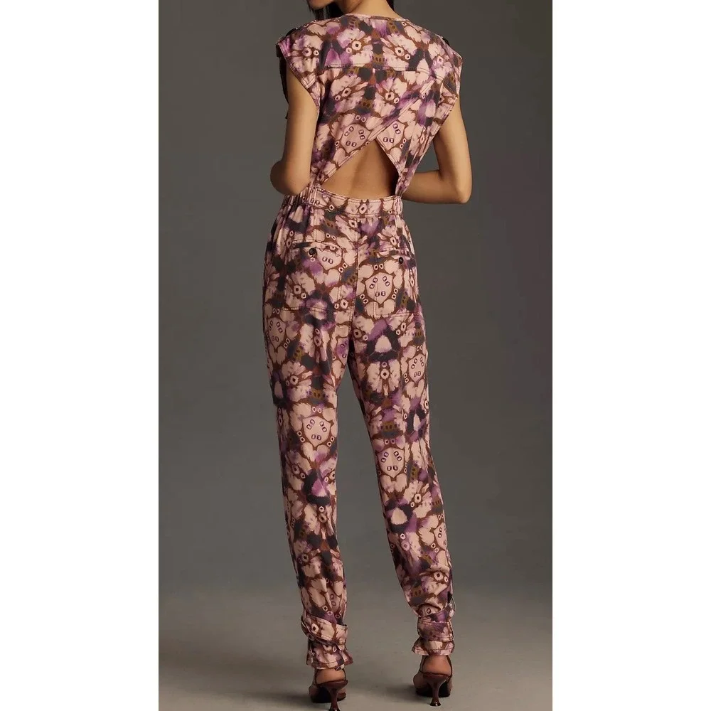 Anthropologie Maeve Purple Abstract Floral Cutout Back Ankle Tie Jumpsuit S - Picture 2 of 14